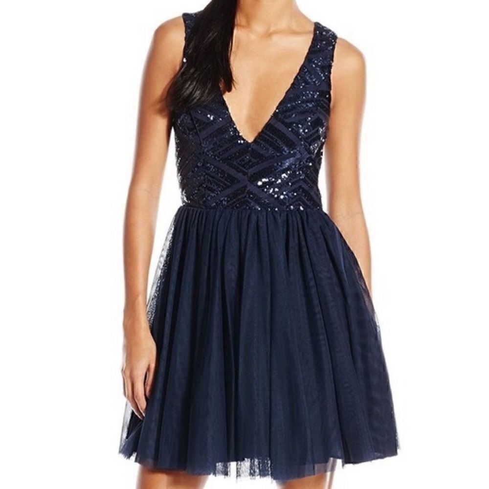 Tricia navy blue v cut sequin dress